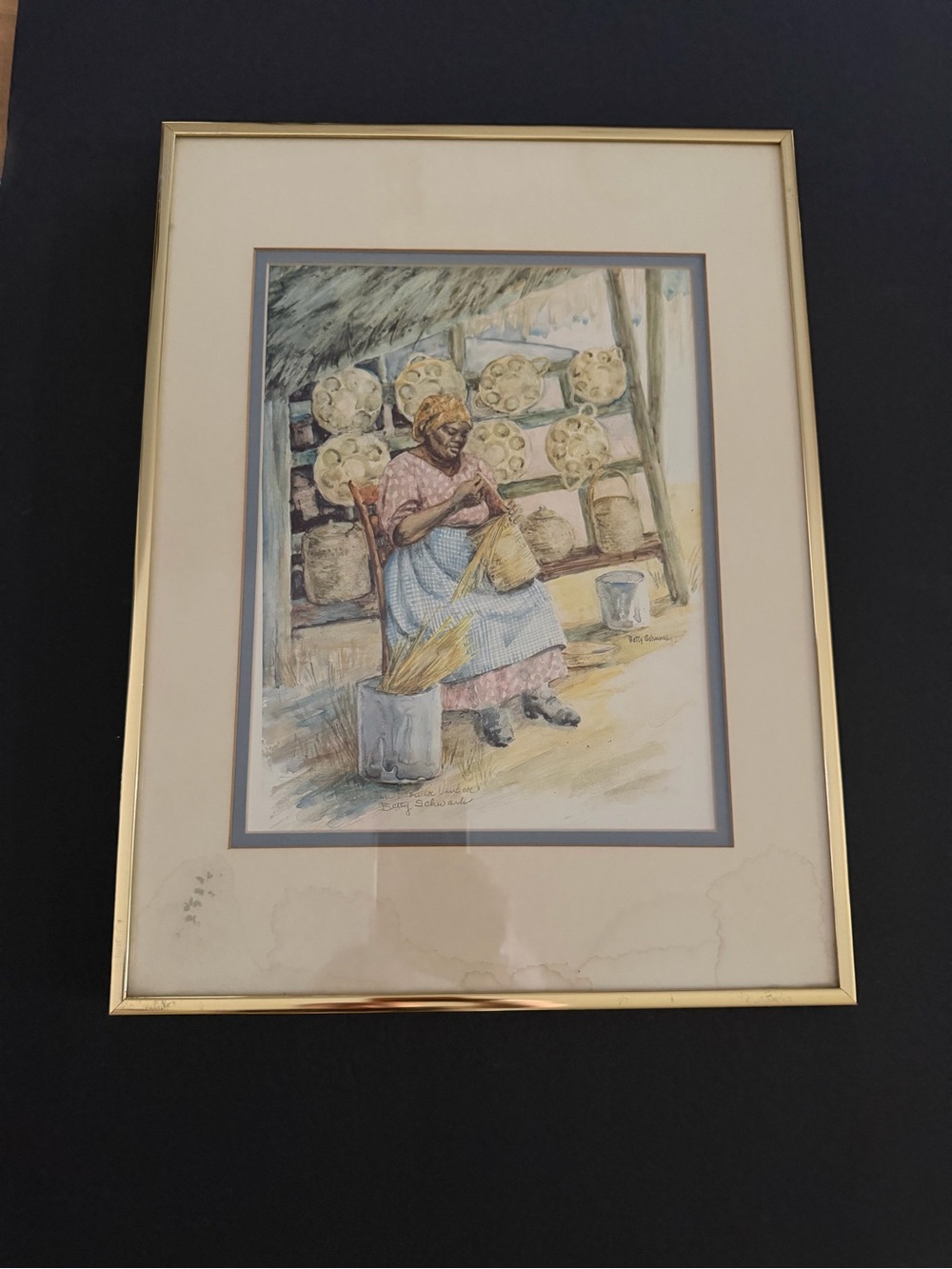 Signed Print “Basket Weaver" by Betty Schwark  Matted 16x12”
